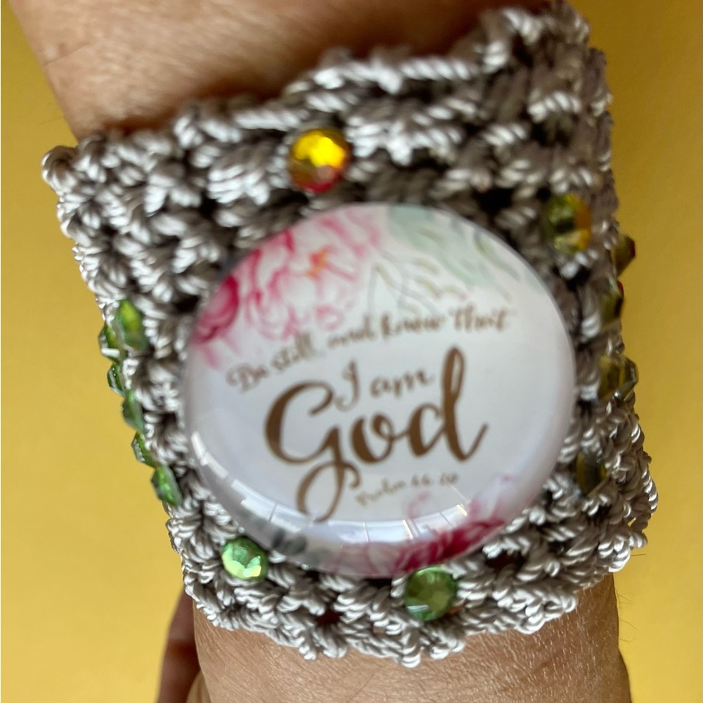 Hand Knits 2 Love Bracelet Psalm 46:10 Cabochon Beads Silver Crochet Designer